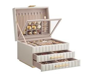 SONGMICS HOME ANAH Colección - Caja Joyero de 3 Capas con Espejo, Organizador Joyas con 2 Cajones, Superficie PU con Costuras, Efecto Flotante, 21,5 x 24 x 15,8 cm, Regalo, Blanco Nube JBC183W01