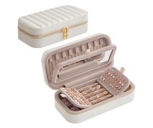 SONGMICS HOME ANAH Colección - Joyero de Viaje, Estuche Pequeño para Joyas con Espejo, 10,5 x 20,5 x 6 cm, Superficie PU con Costuras, Portátil, Cremalleras, Idea de Regalo, Blanco Nube JBC180W01
