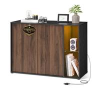 SONGMICS HOME Aparador, Snapsemble Montaje Súper Rápido | Aparador con Iluminación y Estante de Cristal, Negro Ébano y Nogal Natural, Colección KADIN BBK372B01