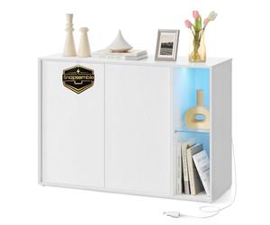 SONGMICS HOME Aparador, Snapsemble Montaje Súper Rápido | Mueble de TV con Iluminación y Estante de Cristal, Blanco Nieve, Colección KADIN BBK372W01