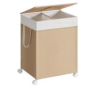 SONGMICS HOME Cesto de Ropa Sucia de 2 Compartimentos, Cesta Ropa 100 L, con Ruedas Tapa, Bolsa de la Ropa con Asas, Aspecto de Ratán, para Baño Lavadero, Beige Natural y Blanco Mate LCB601N01