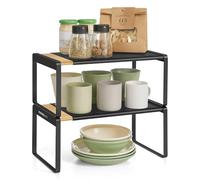 SONGMICS HOME Especiero, Juego de 2, Extensible, Organizador de Cocina, Estante de Cocina, Organizador de Armario, Estante Pequeño, Apilable, Zapatero, Beige Natural y Negro Tinta KCS051B01