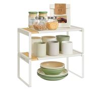 SONGMICS HOME Especiero, Juego de 2, Extensible, Organizador de Cocina, Estante de Cocina, Organizador de Armario, Estante Pequeño, Apilable, Zapatero, Beige Natural y Blanco Crema KCS051N01