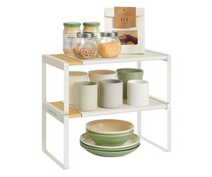 SONGMICS HOME Especiero, Juego de 2, Extensible, Organizador de Cocina, Estante de Cocina, Organizador de Armario, Estante Pequeño, Apilable, Zapatero, Beige Natural y Blanco Crema KCS051N01