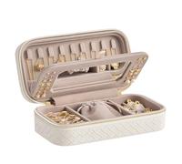 SONGMICS HOME Joyero de viaje, caja organizadora de joyas con espejo, bolsa de joyería, piel sintética tejida en relieve, almacenamiento portátil de joyas, idea de regalo, color blanco nube UJBC197W01