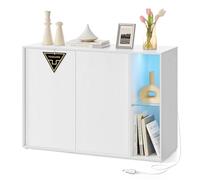 SONGMICS HOME Montaje Ultrarrápido sin Herramientas Toolless, Mueble TV, Armario de Almacenamiento, Aparador con Iluminación y Estante de Cristal, Blanco Nieve BBK372W01