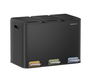 SONGMICS HOME Papelera de Cocina Triple, Cubo de Basura de 3 x 15 L con Pedales Codificados por Colores, Sistema de Separación de Residuos, con Tapas y Cubos Interiores, Acero, Negro Tinta