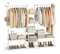 SONGMICS HOME Perchero, Armario Abierto, 6 Estantes de Almacenaje, 2 Barras, Ganchos de Fósforo, Armario de Dormitorio, Beige Natural y Blanco Mate RGR012K01