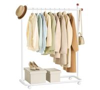 SONGMICS HOME Perchero Metálico con Ruedas, Barra para Colgar | Ganchos para Cerillas, Blanco Mate, Colección Zina HSR170W01