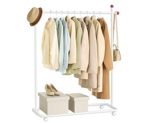 SONGMICS HOME Perchero, Perchero Metálico con Ruedas, 1 Barra para Colgar, Ganchos para Cerillas, Blanco Mate HSR170W01