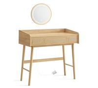 SONGMICS HOME Tocador con Espejo y Luz, Tocador de Maquillaje con 3 Cajones Ratán, Luz Ajustable con 3 Colores, Estilo Boho, para Dormitorio, Beige Roble RVT007Y01