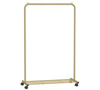 SONGMICS HSR025A01 - Barra de ropa sobre ruedas, de metal, 91 cm de ancho, con estante, 2 ruedas con freno, barra de carga de hasta 40 kg, color dorado