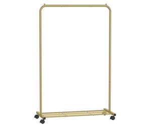 SONGMICS HSR025A01 - Barra de ropa sobre ruedas, de metal, 91 cm de ancho, con estante, 2 ruedas con freno, barra de carga de hasta 40 kg, color dorado