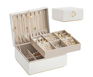 SONGMICS Joyero 2 Capas, Joyero con Asa, Bandeja Flexible para Joyas, Caja para Joyas, Efecto Flotante, 20,5 x 24 x 11 cm, Idea Regalo, Blanco JBC165W01