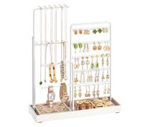 SONGMICS Joyero, Navidad, Soporte para Joyas, Marco de Metal, Bandeja de Terciopelo, Extensible para Collares, 30,9-47,5 cm de Altura, para Organizar, Blanco Mate JJS026W01