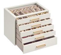 SONGMICS Joyero, Organizador de Joyas con 5 Cajones y Tapa de Cristal | Para Anillos, Collares, Pendientes, 24 x 17,2 x 18,4 cm, Blanco Cálido Claro y Marrón Camello, Colección GLORIBEL JBC205WD01