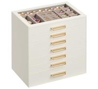 SONGMICS Joyero, Organizador de Joyas con 7 Cajones y Tapa de Cristal | Para Anillos, Collares, Pendientes, 24 x 17,2 x 24 cm,Blanco Cálido Claro y Marrón Camello, Colección GLORIBEL JBC207W101