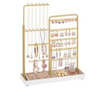 SONGMICS Joyero, Soporte para Joyas, Marco de Acero, 30,9-47,5 cm de Altura | Bandeja de Terciopelo, Extensible para Collares, para Organizar, Dorado Pálido y Blanco Mate, Colección CAELEY JJS026A01