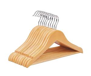 SONGMICS Juego de 10 Perchas para Niños de Madera Maciza, para Ropa Infantil, con Barra de Pantalones, Muescas en Hombros, Ganchos Giratorios, 35 cm Largo, Natural y Plata CRW006N01