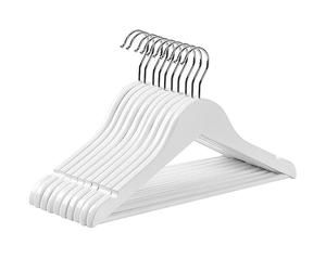 SONGMICS Juego de 10 Perchas para Niños de Madera Maciza, para Ropa Infantil, con Barra de Pantalones, Muescas en Hombros, Ganchos Giratorios, 35 cm Largo, Blanco y Plata CRW006W02