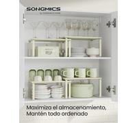 SONGMICS Juego de 2 estantes para especias de armario expandibles, organizador de estantes de cocina apilable, metal/madera, negro/marrón rústico/Blanco Nube/Beige Capuchino/Blanco Nieve y Blanco Blan