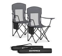 SONGMICS Juego de 2 Sillas de Camping Plegables, Respaldo Alto, 150 kg | Exterior, Transpirables, Reposabrazos Ajustables, Portavasos, para Jardín, Patio, Gris y Negro, Colección SANDY GCB028G01