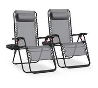 SONGMICS Juego de 2 Tumbonas Plegables, Sillas de Gravedad Cero, Tumbonas Reclinables, Carga de 110 kg por Silla, Reposacabezas Ajustable, Bandeja, para Terraza, Jardín, Gris Oscuro GLB032GZ02