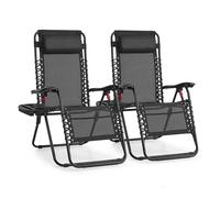 SONGMICS Juego de 2 Tumbonas Plegables, Sillas de Gravedad Cero, Tumbonas Reclinables, Carga de 110 kg por Silla, Reposacabezas Ajustable, Bandeja, para Terraza, Jardín, Negro GLB032BZ02