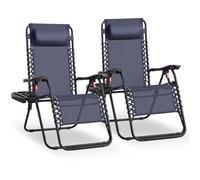 SONGMICS Juego de 2 Tumbonas Plegables, Sillas de Gravedad Cero, Tumbonas Reclinables, Carga de 110 kg por Silla, Reposacabezas Ajustable, Bandeja, para Terraza, Jardín, Azul Oscuro GLB032QZ02