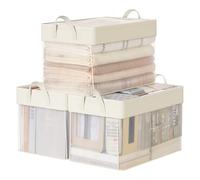 SONGMICS Juego de 3 Cajas de Almacenaje, Cesta Grande, Cajas Organizadoras de Tela, Plegable, Red de Nylon Transparente, 50 x 30 x 30 cm, Asas, para Dormitorio, Salón, Blanco Crema RFB950W01