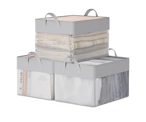 SONGMICS Juego de 3 Cajas de Almacenaje, Cesta Mediana, Cajas Organizadoras de Tela, Plegable, Red de Nylon Transparente, 40 x 30 x 25 cm, Asas, para Dormitorio, Salón, Gris Paloma RFB940G01