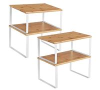 SONGMICS Organizadores de Cocina, Juego de 4 Estantes de Cocina, para Almacenamiento de Gabinete, Apilables, Expandibles, Metal y Madera de Ingeniería, Blanco y Natural KCS010N01