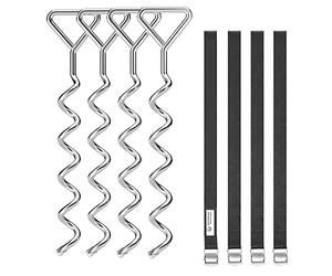 SONGMICS - Juego de Anclajes para trampolín (4 Unidades, Anclajes en Espiral, 4 sardinas y 4 Correas, Tacos, Accesorio de fijación para Columpio, Plata y Negro SGN15INV1