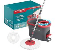 SONGMICS Juego de Fregona y Cubo, Escurridor Giratorio, Fregona, Pedal, Mango Telescópico de 122,5 a 150 cm, Cabezal Giratorio de 360°, 1 Paño de Microfibra, Gris y Rojo LMB002GT01