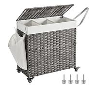 SONGMICS LCB363G01 Cesta para la ropa sucia con tapa, 140 l, cesta tejida con ruedas, 3 compartimentos, bolsa interior extraíble, para lavandería, dormitorio, 66 x 33 x 66 cm, color gris