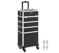 SONGMICS Maleta de Maquillaje Profesional, MaletÍn para CosmÉticos 4 en 1, Extra Grande, MaletÍn de PeluquerÍa, 35 x 25 x 79 cm, Con Cerradura, Ruedas 360°, para Viaje, Regalo Ideal, Negro JHZ11BK