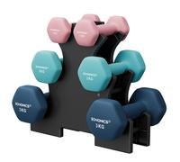 SONGMICS Mancuernas, Juego de Mancuernas Hexagonales con Soporte - 2 x 1 kg, 2 x 2 kg, 2 x 3 kg, Acabado Vinilo, Pesas para Gimnasio en Casa, Rosa, Agua y Azul Rosa Agua Azul