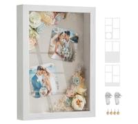 SONGMICS Marco Con 3 Fondos, Caja de Sombra Con 4 Clavijas de Madera, Profundo Para Fotos, de Collage, 4x6 o 4x4 Fotos, 2 Clavos Sin Rastro, Blanco Rústico RPF019W01