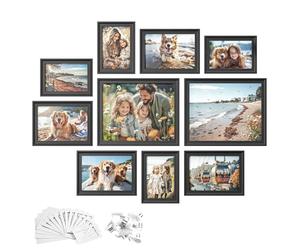 SONGMICS Marcos de Fotos con 16 Alfombrillas, Juego de 10 Marcos de Cuadros, Dos 20x25 cm, Cuatro 13x18 cm, Cuatro 10x15 cm, Colgar o Mostrar, 12 Clavos, Negro Ceniza