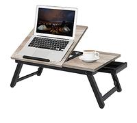 SONGMICS Mesa de Cama para Laptop, Escritorio de Cama con ángulo y Altura Ajustables, Soporte Plegable para Laptop de hasta 15.6 Pulgadas, para Trabajar Leyendo Desayuno, Patas de bambú, cajón, Gris