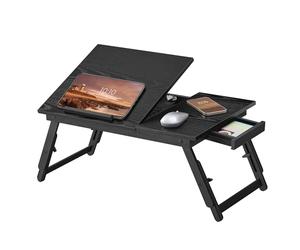 SONGMICS Mesa de Cama Portátil, Escritorio de Cama con Ángulo y Altura Ajustable, Soporte Plegable de hasta 15.6 Pulgadas, para Trabajar Leer Desayunar, Patas de Bambú, Cajón, Negro Ébano LLD105BE01