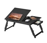SONGMICS Mesa de Cama Portátil, Patas Plegables de Bambú, con Cajón | Soporte de Escritorio, Altura Regulable, 55,5 x 34,9 cm, hasta 15,6 Pulgadas, Negro Ébano, Colección BAMBOU LLD105BE01