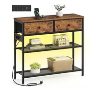 SONGMICS Mesa de Consola con Tomas de Corriente y Puertos USB, Tira LED | 2 Cajones de Tela, 3 Niveles, 76,7 x 30 x 78,7 cm, Marrón Rústico, para Entrada, Salón, Colección BELLAH LGS175K102
