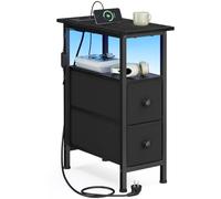 SONGMICS Mesita Auxiliar con LED, Mesita de Noche con Regleta, 2 Cajones | Mesa de Centro con Iluminación LED, Salón, Dormitorio, Negro Tinta, Colección BELLAH LGS002B102