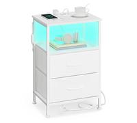 SONGMICS Colección BELLAH - Mesita de Noche con Estación de Carga, Mesa Auxiliar con Luz LED Ajustable Controlada por App, 1 Estante y 2 Cajones, Dormitorio, Blanco Nube y Blanco Nieve LGS302WH03