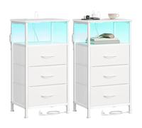 SONGMICS Mesita de Noche con Luces LED y Estación de Carga, Juego de 2 | 3 Cajones y Estante Abierto, 39,6 x 30 x 75,9 cm, para Dormitorio, Blanco, COLECCIÓN BELLAH LGS203W102