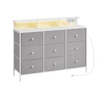 SONGMICS Mueble de Almacenamiento con 9 cajones con iluminación LED, regleta con Marco de Acero, 33,5 x 114 x 84 cm, para Dormitorio, salón, Color Gris tórtola, LTS519G01