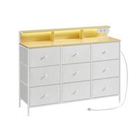 SONGMICS Mueble de Almacenamiento con 9 cajones con iluminación LED, regleta con Marco de Acero, 33,5 x 114 x 84 cm, para Dormitorio, salón, Color Blanco Nube LTS519W02