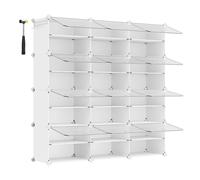 SONGMICS Mueble Zapatero Plástico, 12 Compartimentos, Zapatero Modular, Estantería Modular de Plástico, 32 x 124,4 x 124,6 cm Cada Cubo, con Puerta, Marco Acero, Panele Plástico, Blanco