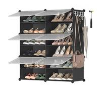 SONGMICS Mueble Zapatero Plástico, 6 Compartimentos para 24 Pares de Zapatos, con Puertas, Estructura de Acero y Estantes de Plástico, Armario para Dormitorio, Negro Tinta y Transparente LPC033B01